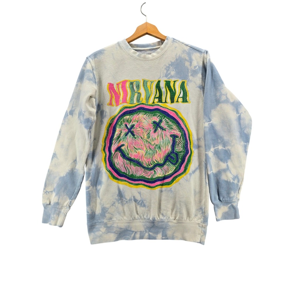 Nirvana Nevermind 30th Anniversary Tie Dye Sweatshirt Blue White Smiley Small
